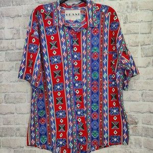 Vintage Men's Button Up Shirt Geometric Tribal Print Size XL 100% Cotton